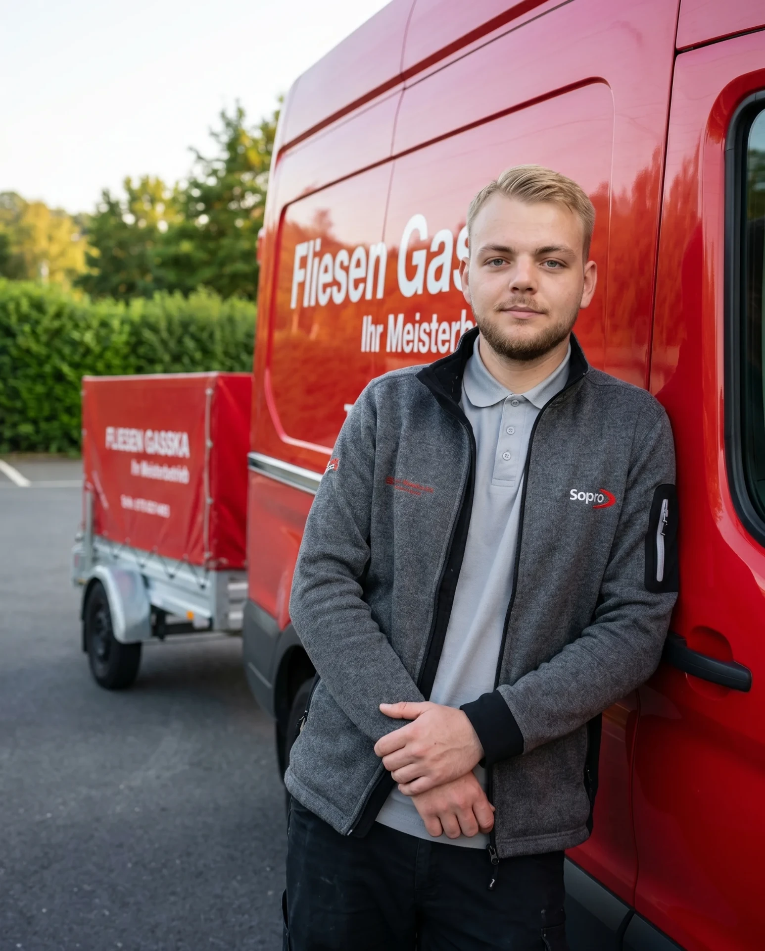 Dominik Gaßka, Fliesenlegermeister, vor dem Firmenfahrzeug